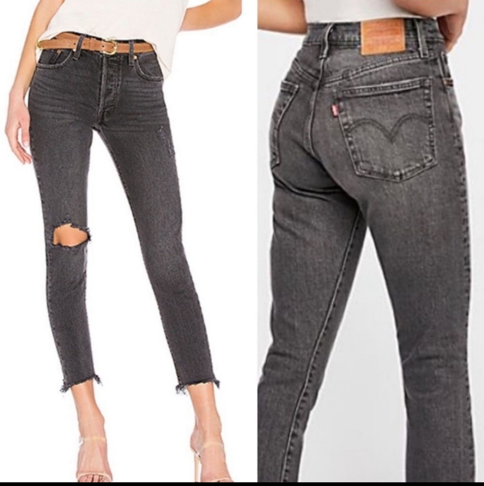 Levi’s 501 Jeans Premium Big E Gray Distressed Cropped Raw Hem Button Fly 27